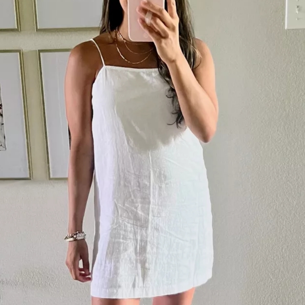 OLD NAVY XS Small White Lilies Sleeveless Square Neck Mini Cami Linen Dress